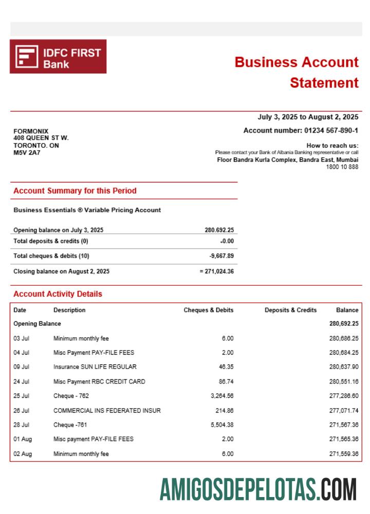 Imprimível IDFC Primeira Empresa Extrato de Conta Corrente Modelo Word e PDF